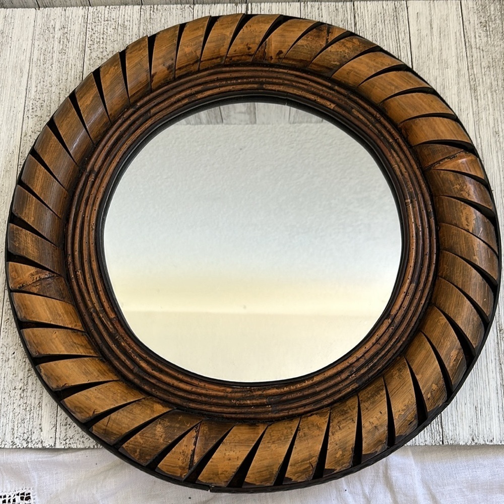 Vintage Bamboo and wood round mirror